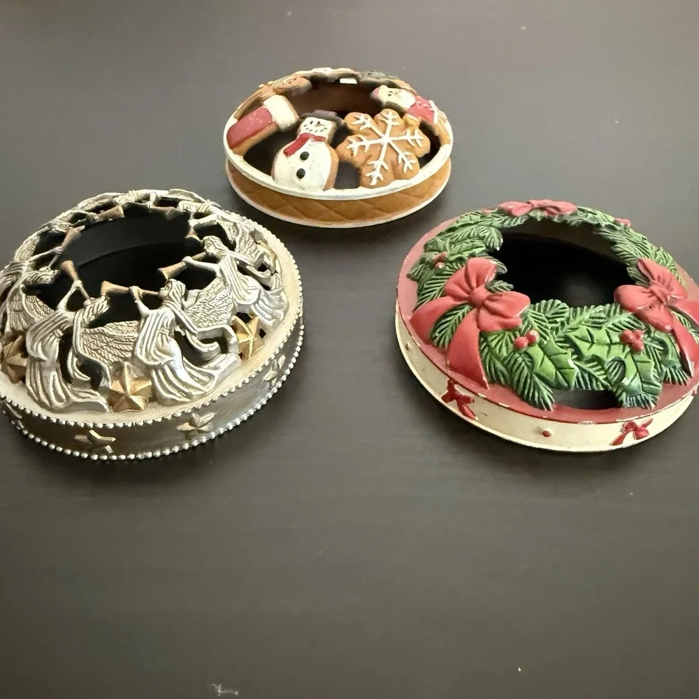 (3) Yankee Candle Christmas Holiday Metal Candle Lid Jar Ring Topper Angel Santa
